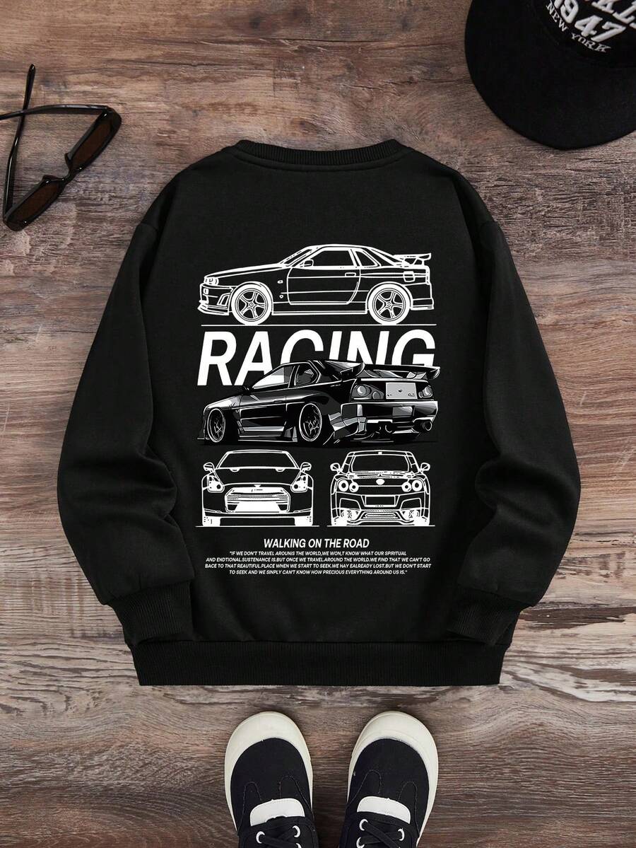 青少年男童休闲简约男孩趣味酷炫跑车字母图案套头衫圆领长袖毛衣男童秋冬新款 - 黑色 - 查看 1