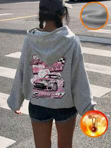 1pc Tween Girl Casual Racing Car Print Pullover Sweatshirt, Loose Fit, Warm Thermal Lining, Suitable For Students And Young People, Autumn/Winter - Grey - View 9