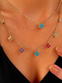 幸运四叶花项链冷艳优雅款高级感领链长款优雅流苏颈链女 - 銀色白鋯五朵花 - 查看 7