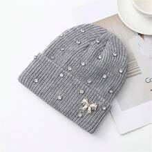 Women Knitted Hat, Bow Pearls Shiny Rhinestones Soft Crochet Hat Warm Winter Cap For Indoor Outdoor - 灰色 - 查看 2
