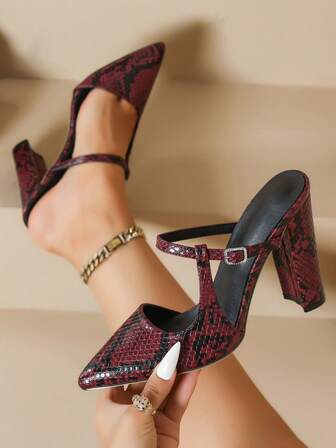 Women's Retro Snake Skin Pointed Toe Chunky Heel Shoes, Crystal Buckle Strap High Heels, Sexy Chic European Style For Dating, Commuting, Party, Wedding
