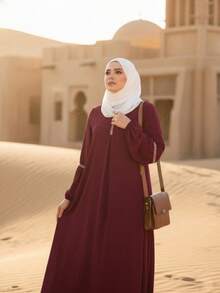 Fashionable Long Sleeve Sequin Abaya Dress, Arabian Style - Burgundy - View 3