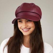 Women's PU Leather Newsboy Cap 8 Panel Paperboy Newsie Cap Bakerboy Beret Cabbie Hat, Fashionable Headwear - 酒紅色 - 查看 7