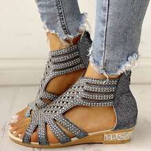 New Summer Fashion Studded Openwork Platform Roman Sandals, Outdoor Beach Sandals, Breathable Synthetic Leather Fabric And Lining, Zip Closure, Non-Slip Rubber Sole. - màu đen - Xem 3