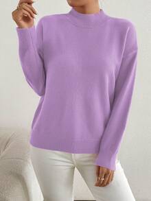 Suéter de punto de cuello alto de unicolor talla grande - Morado - Ver 3