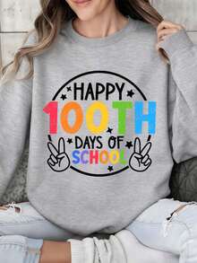Crewneck Sweatshirt Happy 100th Days Of School Rainbow Text And Peace Signs Design For School Celebration Events - Grey - View 1