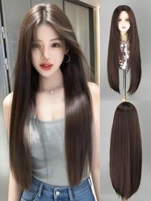 36英寸长直发合成纤维假发，棕色分层假发，中分刘海，外观自然，耐热纤维材质，适合日常、派对、情人节、音乐节、万圣节角色扮演等场合。