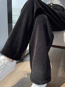 1件纯色涤纶口袋纽扣女式长裤，[腰围可调节]，宽松灯芯绒裤，休闲裤，适合办公室、假日、学校、度假、居家日常穿着，春、秋、冬三季皆宜。 - 黑色 - 查看 9