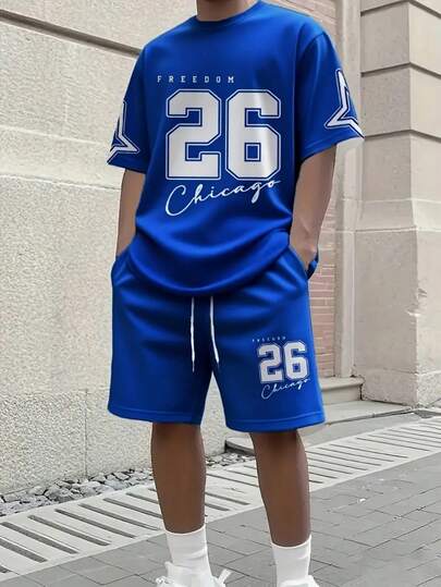 Bộ đồ nam tay ngắn, size 26, áo thun cổ tròn in kỹ thuật số và quần short, bộ 2 mảnh phong cách Chicago, bộ đồ thể thao retro Mỹ tay ngắn, mặc hàng ngày, thời trang, dành cho những người yêu thích phong cách đường phố.