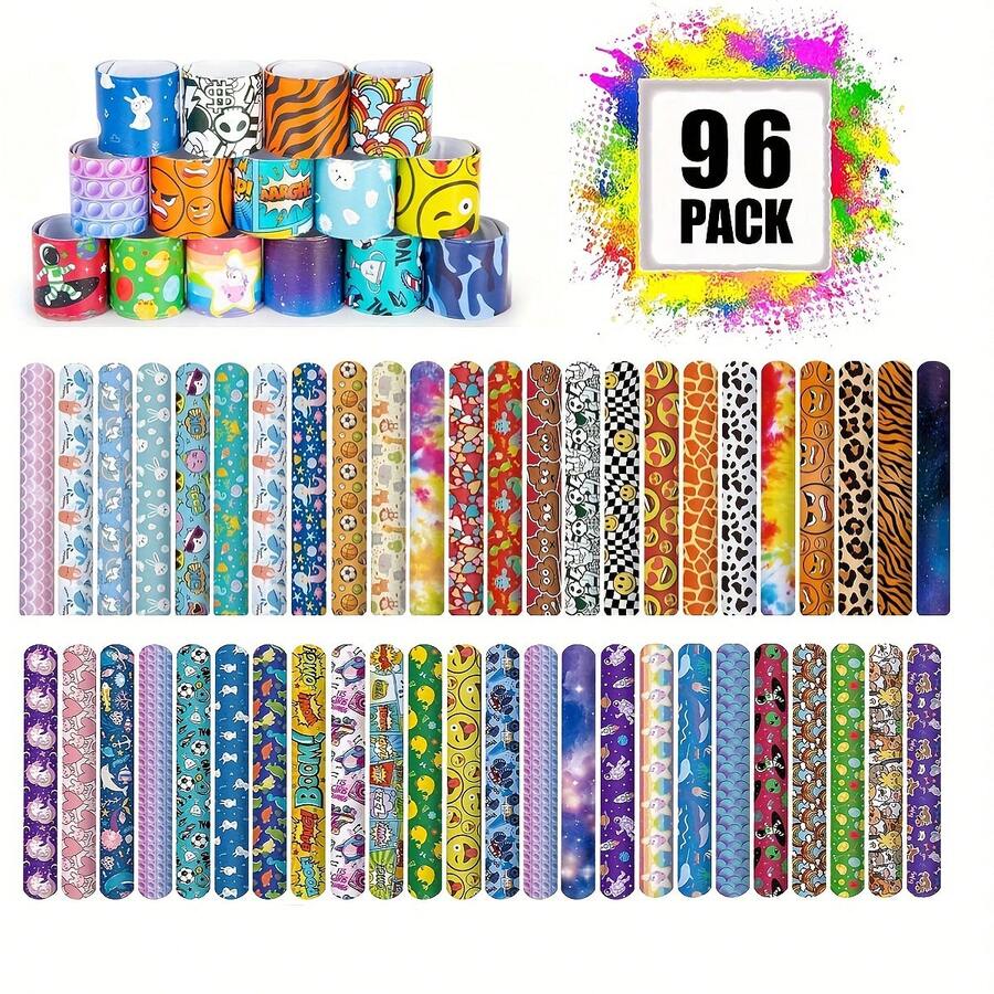 SHINDEL 96 Pcs Slap Bracelets For Kids, Slap Bracelets Bulk Party Favors For Kids 8-12 Assorted Snap Bracelets Mermaid Comics Tie Dye For Party Favors Classroom Prizes Exchanging Gifts, Party Favors, Christmas Gift, Children's Interactive Toys - 彩色 - 查看 1