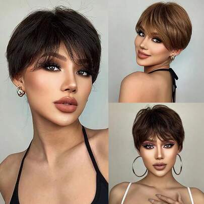 Short Brown Pixie Bob Wig With Bangs, Natural Looking 1B#, 2#, 4# Colors, Layered Brazilian Remy Human Hair Wig, Glueless Full Machine Weft Wig, Basic No Lace Front Wig, Suitable For Music Festivals, Mother's Day, Carnival, Valentine's Day, Halloween, Christmas, Cosplay And All Seasons