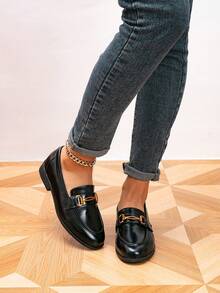 女士乐福鞋，圆头金属扣平底乐福鞋，户外复古女士平底鞋，黑色鞋，女士休闲鞋，布洛克女鞋 - 黑色 - 查看 4