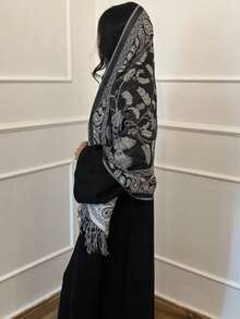 1pc Bohemian Style Paisley Floral Jacquard Women's Pashmina Scarf, Vintage Tassel Hijab Shawl For Daily Wear, Spring/Summer - Black and White - View 5