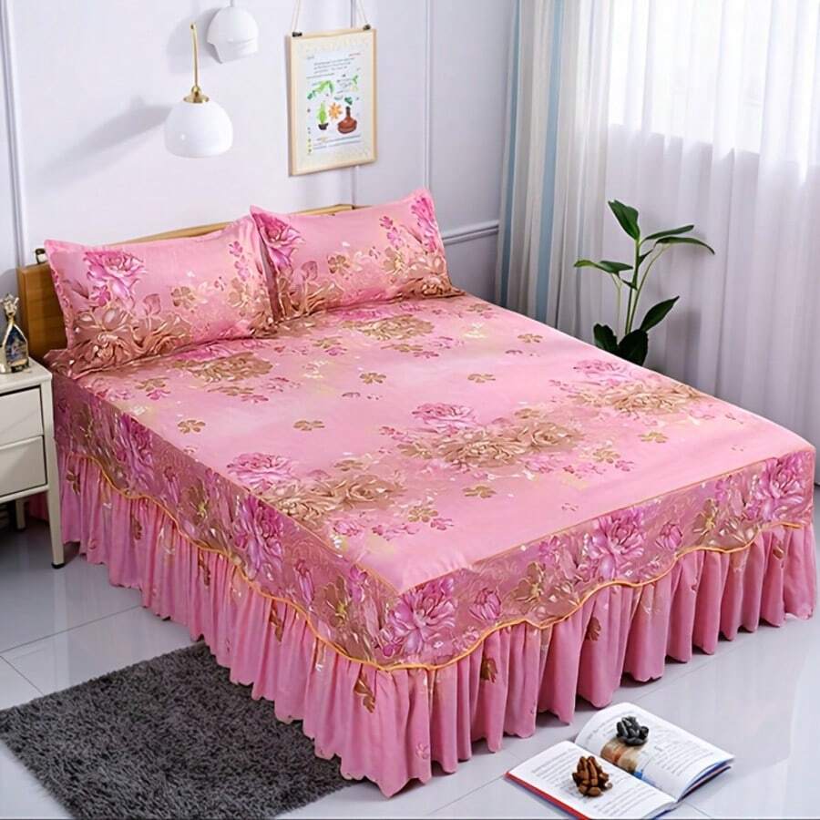 New Printed S-Edge Bedspread, Suitable For All Seasons, Ruffled Edge, Integrated Mattress Cover, Hides Imperfections, Skin-Friendly And Comfortable, Suitable For Double Beds, Three-Piece Bed Skirt Set (Three-Piece Bed Skirt Set) - S邊嫵媚花王 - 查看 1