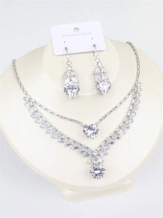 两件套优雅水晶水钻项链套装，女士时尚珠宝项链耳环新娘配饰