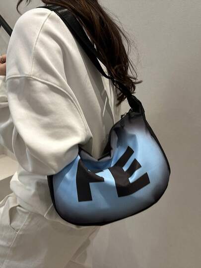 New Fashion Letter Print Ombre Shoulder Bag, Crossbody Bag, Unique Casual Canvas Bag For Women