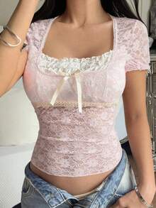 Y2K Seductive Lace Trim Collar Slim Fit Short Sleeve T-Shirt Top Casual - Pink - View 6
