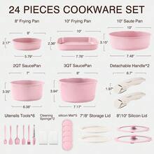 5pcs /7pcs/24 Pcs Pots And Pans Set Non Stick, Ceramic Cookware Set With Detachable Handles, Healthy Induction Cookware Oven RV Kitchen Set - Hồng 24 chiếc - Xem 8
