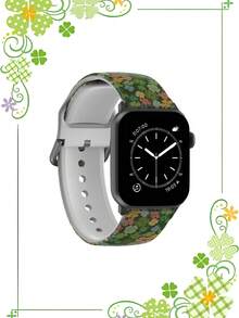 一条印有四叶草图案的硅胶智能手表表带。这款通用型 20-22 毫米表带具有广泛的兼容性：兼容华为 Watch GT3/GT4、三星 Galaxy Watch6 以及 Series 1 至 Series 9、SE 和 Ultra（表壳尺寸 38-49 毫米）。
