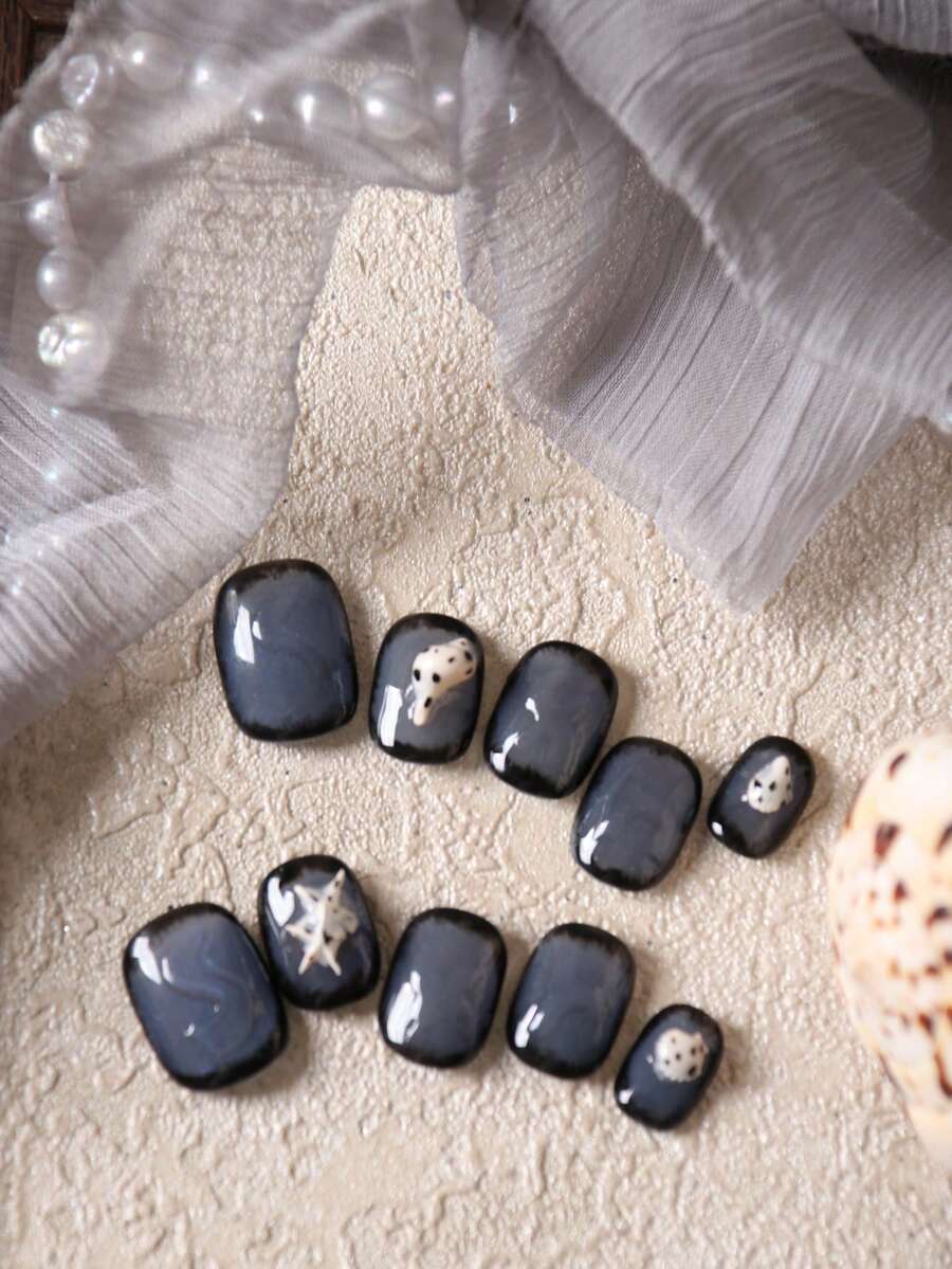 10片亚克力按压式美甲贴片，蓝紫色猫眼渐变黑色贝壳海星美甲用品，按压式短指甲假指甲人造指甲套装，包含1张粘合贴片和1个迷你指甲锉。 - 彩色 - 查看 1