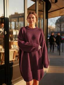 1 chiếc váy len dệt kim gân trơn dáng rộng, mặc thường ngày, thu/đông - Màu Đỏ Sâu - Xem 6