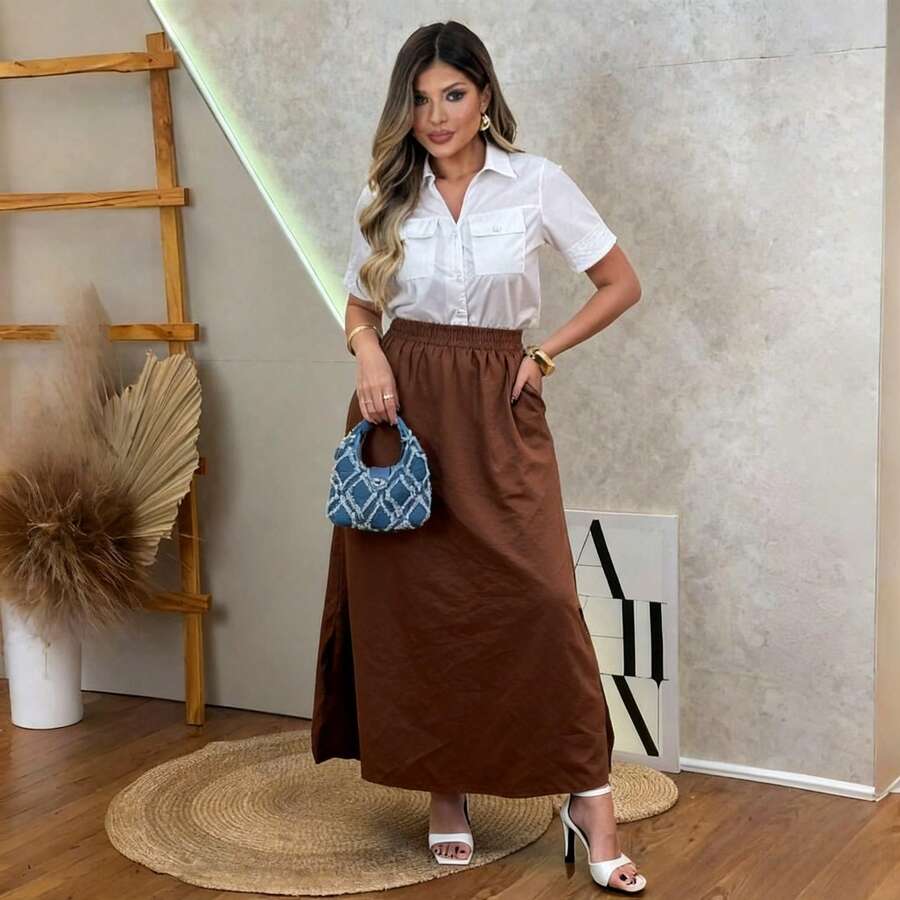 Women's Elegant Long Skirt With Pockets And Slits (One Size) - 咖啡棕 - 查看 1