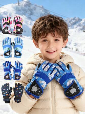 1 Pair Kids Cartoon Printed Waterproof Thickened Warm Ski Gloves - Ideal For Winter Snow Play & Outdoor Adventures