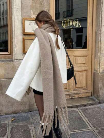 1pc Solid Color Scarf, Warm Neck Accessory For Winter, Thick Knitted Fringed Shawl, Suitable To Pair With Dresses