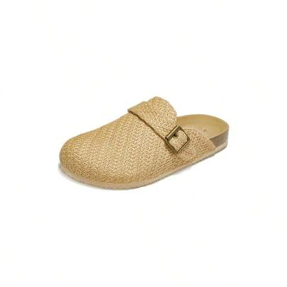 Women's Faux Straw Raffia Clogs With Strap - Comfortable Slip On Style, Suede Insole, Arch Support, Cork Bottom