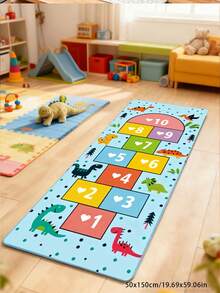 1 covor cu model de dinozaur Hopscotch, fundal albastru cu grile colorate Hopscotch și diverse modele de dinozauri, aducând o atmosferă plină de viață a copilăriei în spațiul interior, material moale și prietenos cu pielea, confortabil la atingere, potrivit pentru decorul camerei de zi, dormitorului, covor lavabil