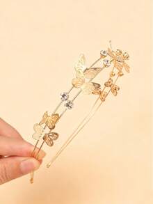 1 tiara infantil com borboleta cravejada de strass super brilhantes, design simples e elegante, com duas fileiras de metal, perfeita para o dia a dia. - Ouro - Ver 6