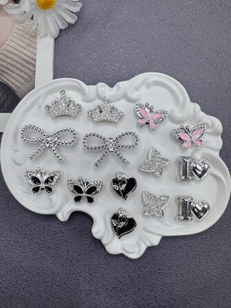 14pcs Shiny Silver Star, Heart, Butterfly, Crown Multifunctional Detachable Shoe Clips, Suitable For Women Sandals, Slippers, Christmas, Birthday Party Gifts