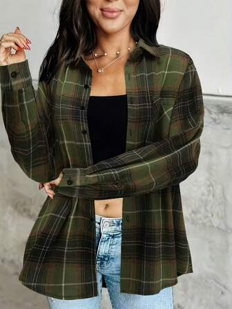 Women's Elegant Versatile Commuter Casual Plaid Shirt - Long Sleeve, Skin-Friendly Soft Comfortable Fabric, Front Button, Loose Fit Top With Pockets, Fashionable Look, Suitable For Casual Wear Or Going Out At Night, Women's Blouse Top For Spring/Summer/Autumn/Winter