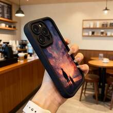Cubierta de telefono con borde negro para iPhone con estampado de cielo estrellado y silueta de pareja en playa al atardecer ideal para uso diario y viajes Aplicable a los teléfonos de la serie Apple y Galaxy - Café integral - Ver 6