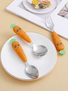 4pcs Plastic Handle Stainless Steel Cartoon Carrot Shaped Spoon & Fork Cutlery Set - Orange - View 3
