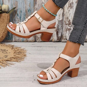 女士粗跟凉鞋，休闲PU皮镂空编织底沙滩鞋，春夏款