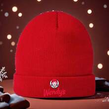 Wendy'S Beanie Hat - Lightweight Knit Winter Cap With Red & White Logo, Soft Stretchy Beanie For Men & Women, All-Season Everyday & Party Hat, Machine Washable Unisex Beanie For Halloween, Christmas, Mardi Gras - One Size Fits Most Adults, Holiday Accessory,  Headwear, Durable Construction, Fashion Headwear, Casual Wearers, Streetwear Accessory, Sporty Design, Highquality Stitching, Fashion Lovers - 黑色 - 查看 5