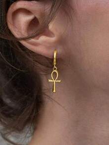 1Pair Vintage Egyptian Ankh Cross Drop Hoop Earrings For Women Men, Egyptian Ankh & Eye Of Horus Earrings, Gold Stainless Steel Earrings, Silver Earrings, Symbolic Earrings, Mystic Aesthetic Jewelry Fashion Accessories For Daily Wear, Ankh Festival Gift For Her - Earrings - View 2