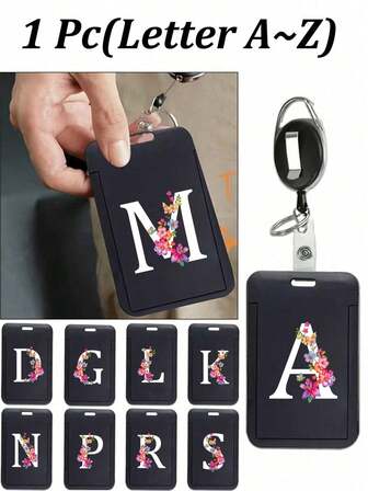 Black Id Card Holder With Black Extendable Scroll Clip, Floral White Initials Print, Anti-Theft Card Cover, Black Thumb Slot Hard Plastic Card Protector, Expandable Id Card Holder, Medical Insurance Protector, Waterproof Medical/Card/Social Security Card Protector, Bus Card Holder, Meal Card Storage,Carry On, Daily Necessities, Perfect Holiday Gift, Birthday Gift, Autumn And Winter Gift, Christmas Gift