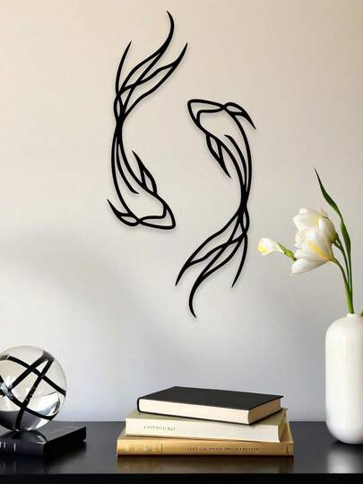 1/2 piezas Arte de pez koi Línea de arte minimalista de metal Decoración de pared, Decoración de pared de pez betta Arte abstracto, Decoración de pared moderna, Arte de pared, Decoración de sala de estar, guardería, dormitorio, Adhesivo mural, Decoración de pared de oficina