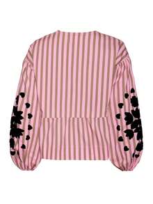 1 pieza Camisa suelta y cómoda con diseño de estampado de colocación elegante y casual para mujer, estilo bohemio de bloques de color a rayas para uso diario, ir al trabajo, brunch, festivales de música, primavera/otoño - Rosa - Ver 2