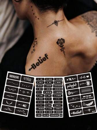 A4尺寸镂空纹身贴纸模板，手绘多图案玫瑰羽毛LOVE字母星月图腾个性化纹身贴纸，临时纹身，适合节日派对，可贴于手指、耳朵、背部、肩膀、颈部、锁骨等部位，男女通用，半永久防水仿真纹身贴纸