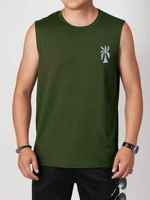 Men's Letter & Palm Tree Print Round Neck Casual Tank Top For Holiday - Army Green - View 3