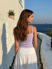 休闲时尚纯色亮片吊带背心 2026 女士可爱夏季性感针织度假女士背心时尚沙滩装泳衣罩衫 - 紫色 - 查看 3