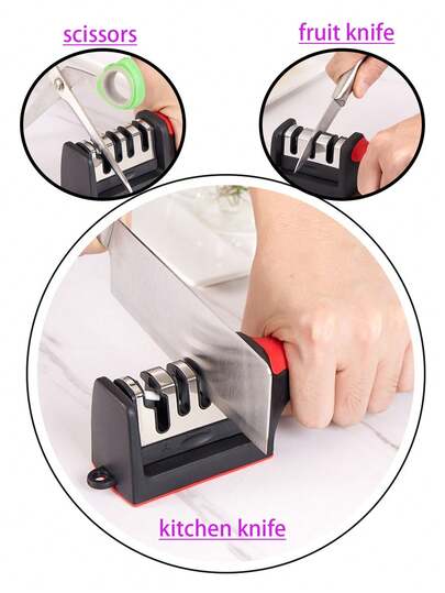 1pc Rapid Kitchen Knife Sharpener, 4/3 Stage Grinding System, Quickly And Effectively Grinds, Hones, And Polishes, Non-Slip Handle, Easy To Operate, Black And Red Surface Treatment, Suitable For Sharpening Steel And Ceramic Blades, Knife Sharpener, Tool, Cutlery, Kitchen, Essential Kitchen Items, Chef's Knife, Knife Sheath, Peeler, Folding Knife, Pencil Sharpener, Christmas, Christmas Decor, Knife Sharpener With Rhinestone Grinding, 20 Degree Straight Cut, Kitchen Knife Sharpener With Grinding And Polishing