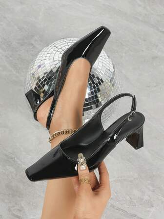 女士黑色高跟凉鞋，方跟，粗跟，工作鞋，正装鞋，露跟，搭扣高跟鞋