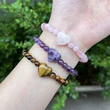 1/3件装女士天然虎眼石、粉晶和紫水晶手链 - 波西米亚风格心形串珠首饰，适合日常佩戴以及生日、母亲节、情人节等特殊场合 - 手工制作，附赠贺卡，意义非凡的礼物，优雅设计，抛光珠子，串珠饰品 - 彩色 - 查看 1
