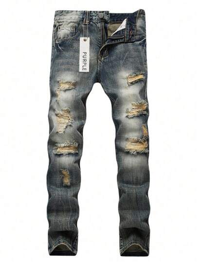 Men Plus Size Christmas Thanksgiving Day Jogger Straight Leg Slight Stretch Light Blue Ripped Skinny Jeans Fashion Cotton Distressed Denim Pants