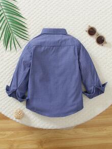 1pc Navy Blue Jacquard Fabric Casual Embroidered Long Sleeve Lightweight Shirt For Toddlers & Little Kids, Suitable For Birthday Party, Evening Event, Christening, And Baby Baptism, Spring/Autumn