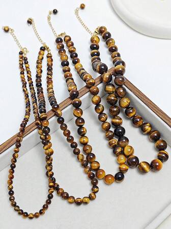1pc Maillard Style Natural Stone Necklace (Necklace), French Retro Natural Tiger's Eye Necklace Autumn And Winter New Sweater Chain Fashion Clavicle Chain, Suitable For Women/Couples/Girls Daily/Party/Dating/Shopping Wear, Fortune And Evil Spirits, Enhance Self-Confidence Energy Gemstones